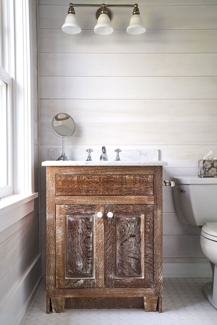 oak vanity with white glazing and marble top