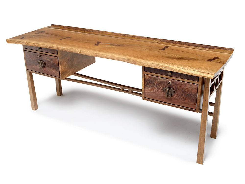 live edge oak writing desk with walnut drawer fronts